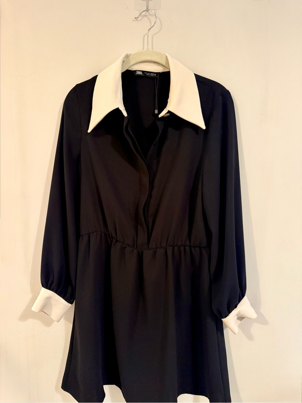 Zara Black Mini Dress with White Collar and Cuffs, Size Large